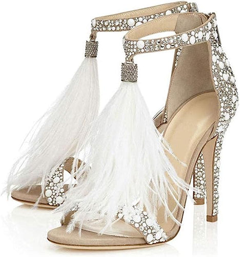 White Feather Rhinestone Ankle Strap Glitter Tassel Dress Heels