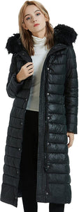 Women's Black Faux Fur Collar Long Hooded Bubble Coat