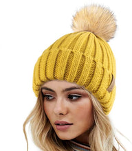 Load image into Gallery viewer, Winter Black Knit Pom Pom Faux Fur Beanie Hat