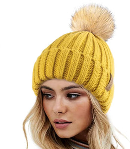 Winter Yellow Knit Pom Pom Faux Fur Beanie Hat