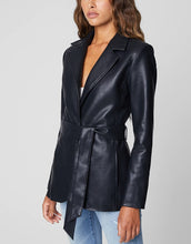 Load image into Gallery viewer, Stylish Black Lambskin Leather Belted Long Sleeve Jacket