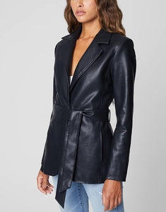 Stylish Black Lambskin Leather Belted Long Sleeve Jacket