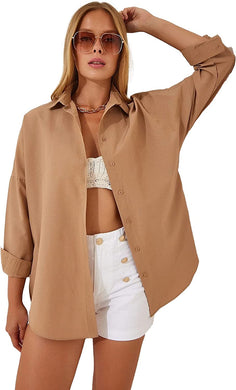 Loose Fit City Chic Brown Long Sleeve Button Down Blouse