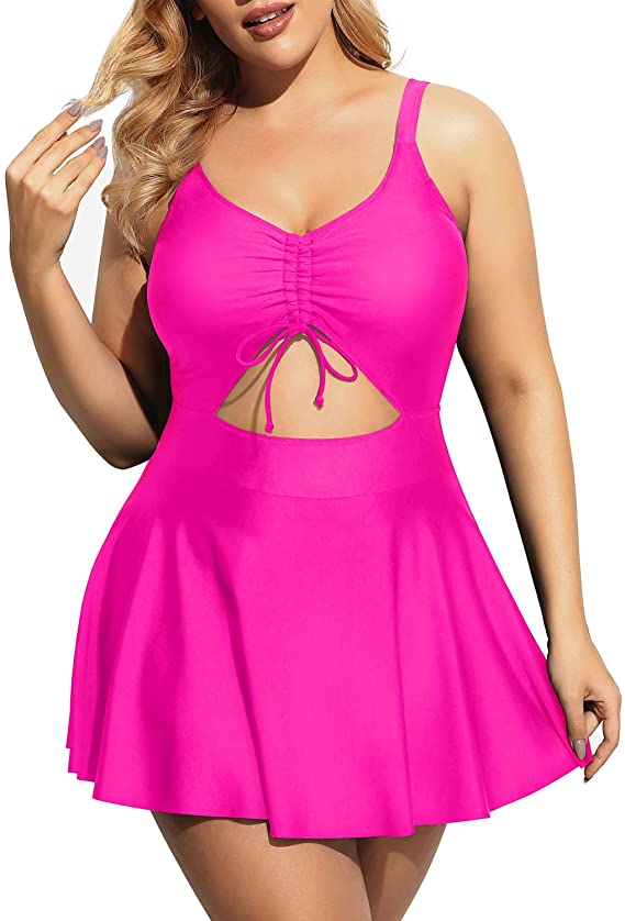 Curvy Hot Pink One Piece Cut Out Flared Skirt Swimsuit