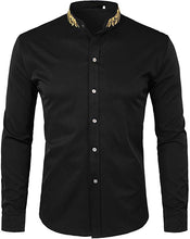 Load image into Gallery viewer, Men&#39;s Black Embroidered Collar Long Sleeve Button Down Shirt