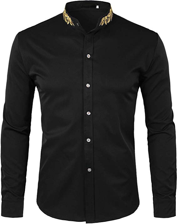 Men's Black Embroidered Collar Long Sleeve Button Down Shirt