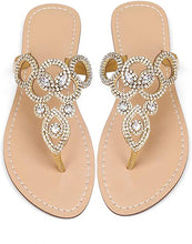 Load image into Gallery viewer, Beaded Design Gold Rhinestone T-Strap Summer Elegant Sandal
