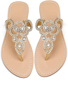 Beaded Design Gold Rhinestone T-Strap Summer Elegant Sandal