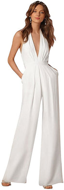 NeckHalter Deep V-Neck White High Waisted Wide Leg Jumpsuits