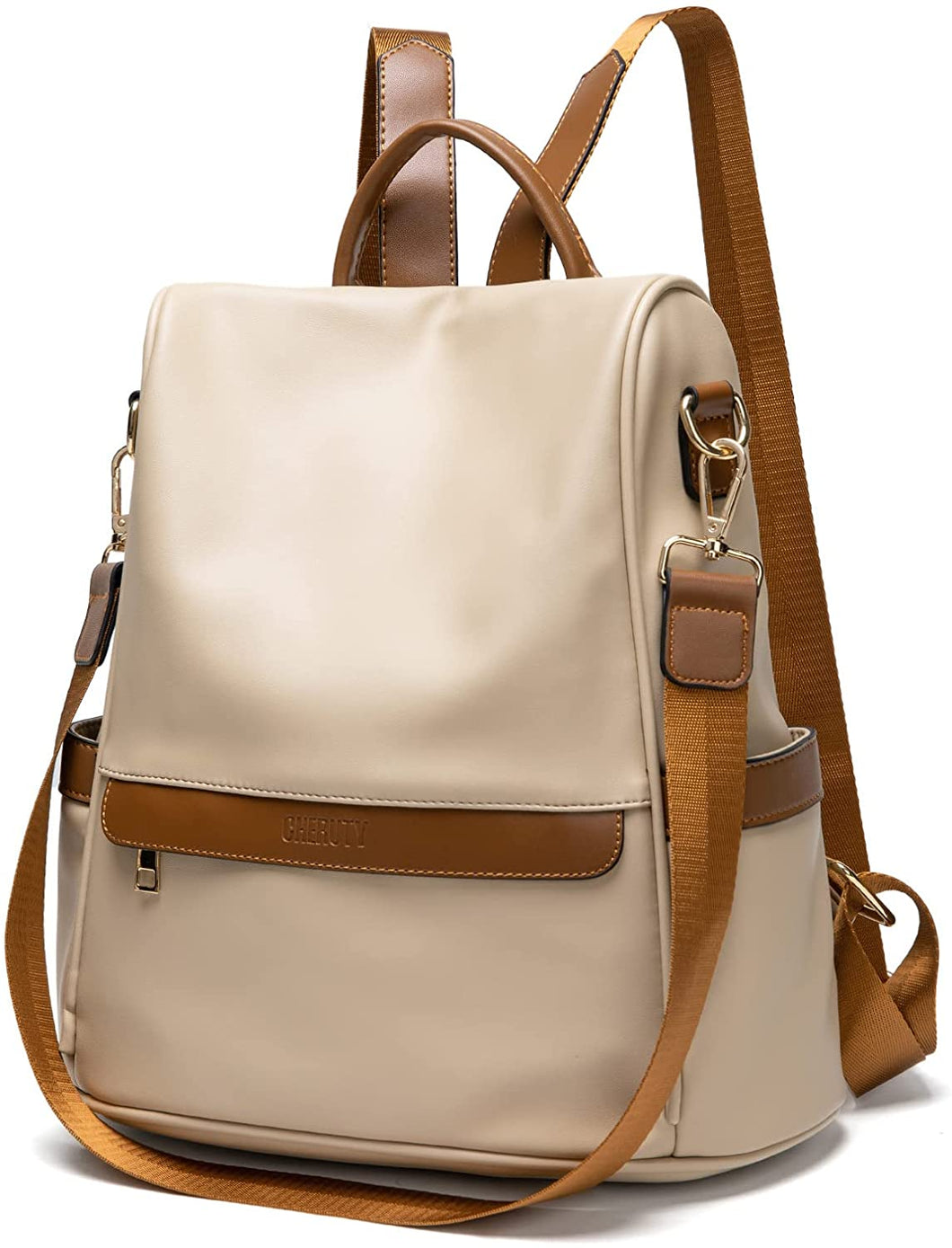 Soft Beige Faux Leather Waterproof Backpack