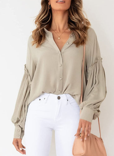 Lantern Sleeve Green Loose Tunic Blouse