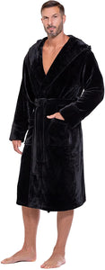 Men's Black Soft Fuzzy Hooded Long Sleeve Robe