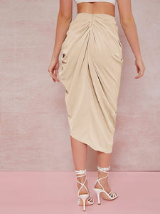 Split Front Apricot High Waist Ruched Bodycon Midi Skirt