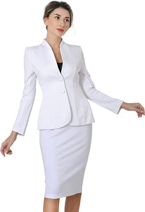 Modern White Deep V-Neck 2 Pc Skirt and Suit Jacket Set
