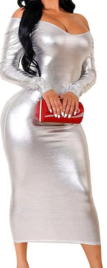 Sparkly Silver Elegant Bodycon Long Sleeve Midi Party Dress