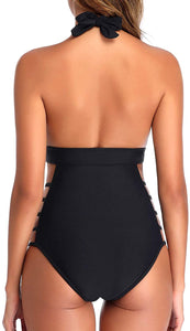 Reverence Halter Open Back Plunge V Neck One Piece Swimsuits