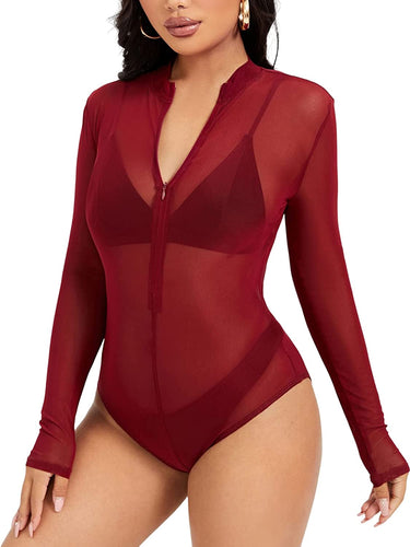 Universal Burgundy Zipper Up Long Sleeve Sheer Mesh Bodysuit