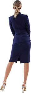 Modern Dark Blue Deep V-Neck 2 Pc Skirt and Suit Jacket Set