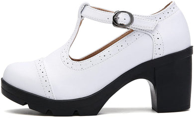 Square Toe White Leather Classic T-Strap Dress Pump Shoes