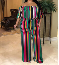 Load image into Gallery viewer, Plus Size Stripe Green Pleated Off Shoulder Jumpsuit