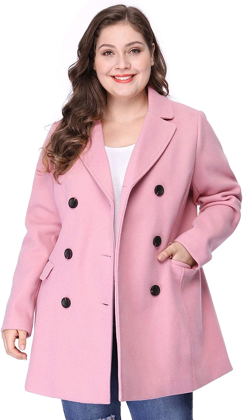 Plus Size Notched Lapel Pink Double Breasted Long Coat