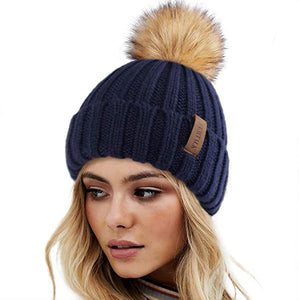 Winter Navy Blue Knit Pom Pom Faux Fur Beanie Hat