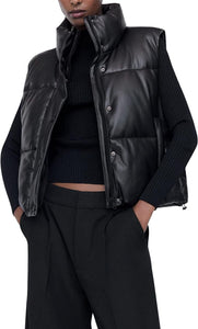 Quilted Black Faux Leather Sleeveless Women's Puffer Jacket