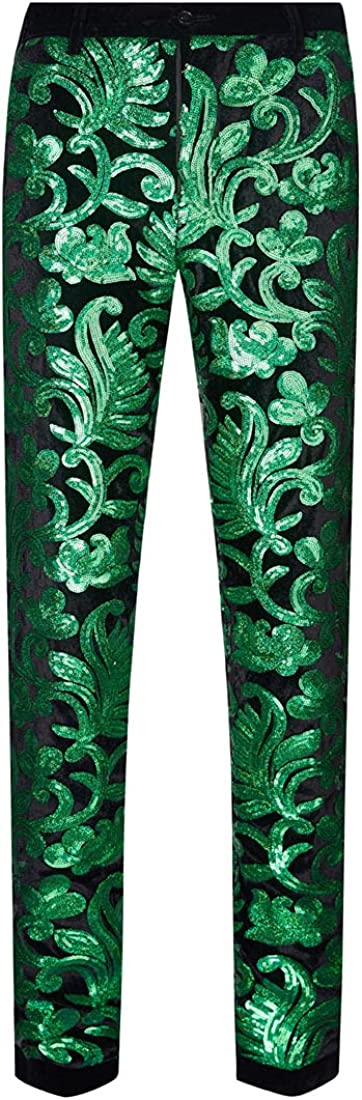Men's Green Floral Shiny Sequin Pants
