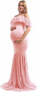 Magenta Pink Off Shoulder Ruffled Mermaid Maternity Dress