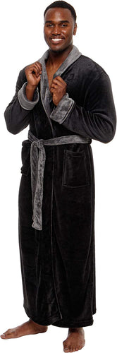 Men's Black Plush Long Sleeve Hooded Fleece Robe