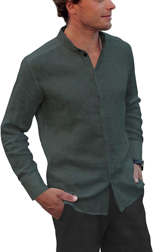 Men's Dark Green Linen Button Down Shirt