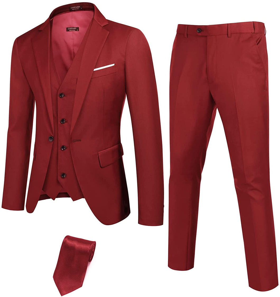 Men's Red One Button Blazer 3pc Long Sleeve Suit