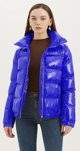 Quilted Blue Shiny Padded Women's Puffer Jacket