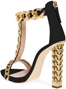 T-Strap Black Metal Chain Ankle Strap Chunky High Heel Sandals