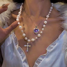 Load image into Gallery viewer, Silver Layered White Pearls Rhinestone Pendant Long Necklace