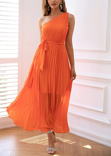 Beautiful Pleated One Shoulder Belted Maxi Dress