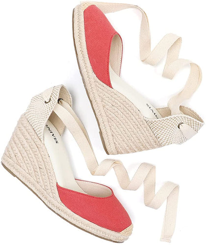 Espadrilles Platform Wedges Off Red Closed Toe Classic Summer Sandals