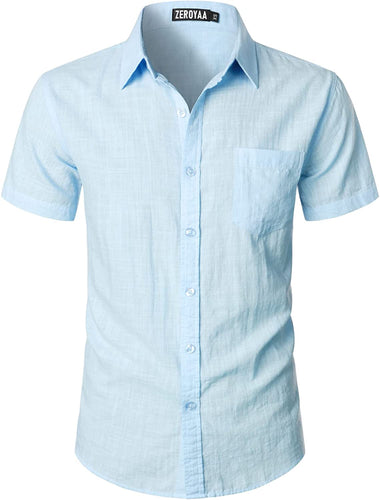 Men's Light Blue Linen Button Up Short Sleeve Shirt