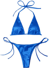 Load image into Gallery viewer, Royal Blue Satin Metallic Halter Top Two Piece Swimsuit