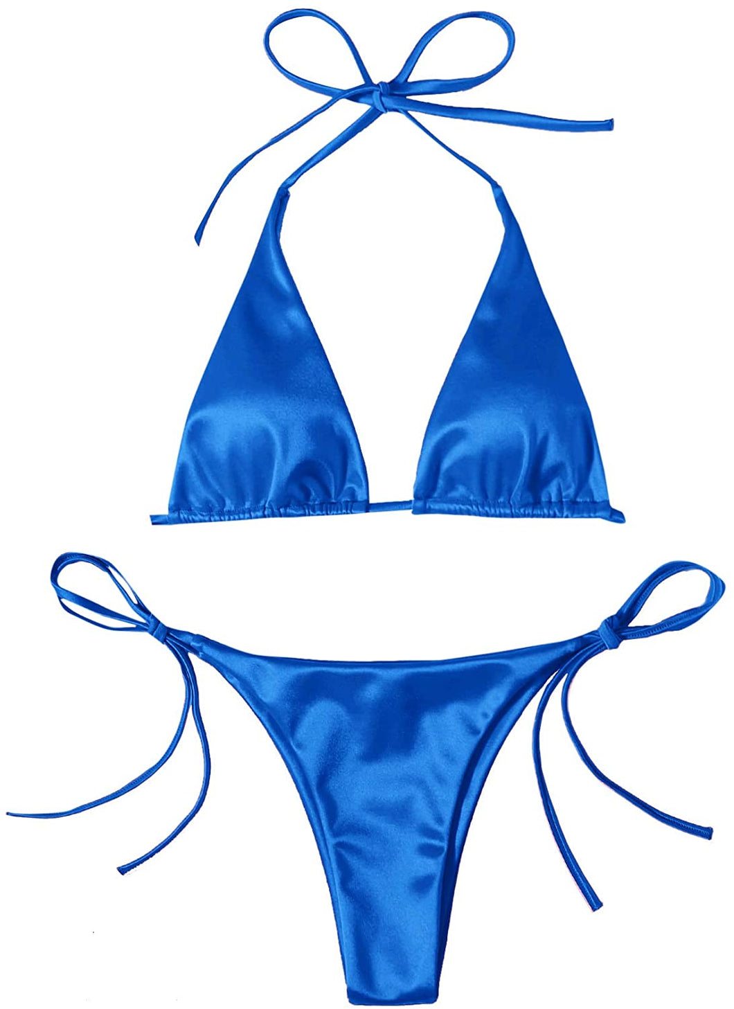 Royal Blue Satin Metallic Halter Top Two Piece Swimsuit