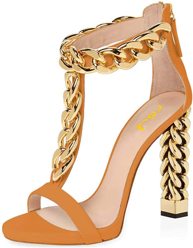 T-Strap Orange Metal Chain Ankle Strap Chunky High Heel Sandals