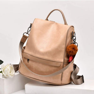 Beige Faux Leather Waterproof Backpack