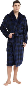 Men's Plush Navy Plaid Shawl Collar Long Sleeve Fleece Robe