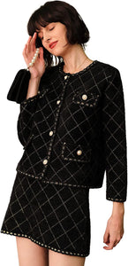 Elegant Black Vintage Style Suit Jacket Coat and Skirt Set