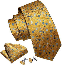 Load image into Gallery viewer, Men&#39;s Gold Floral Paisley Print Silk Tie Set w/Handkerchief &amp; Cufflinks