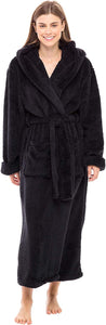 Warm Fleece Black Long Plush Hooded Bathrobe