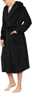 Men's Black Hooded Plush Long Sleeve Bathrobe