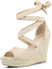 Load image into Gallery viewer, Women&#39;s Beige Lace Up Espadrilles Wedge Sandals
