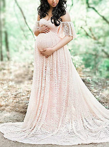 Sweetheart Pink Lace Off Shoulder Maternity Maxi Dress