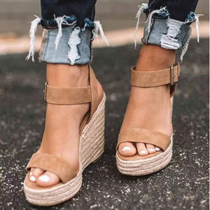 Khaki Wedge Ankle Strap Open Toe Platform Sandals